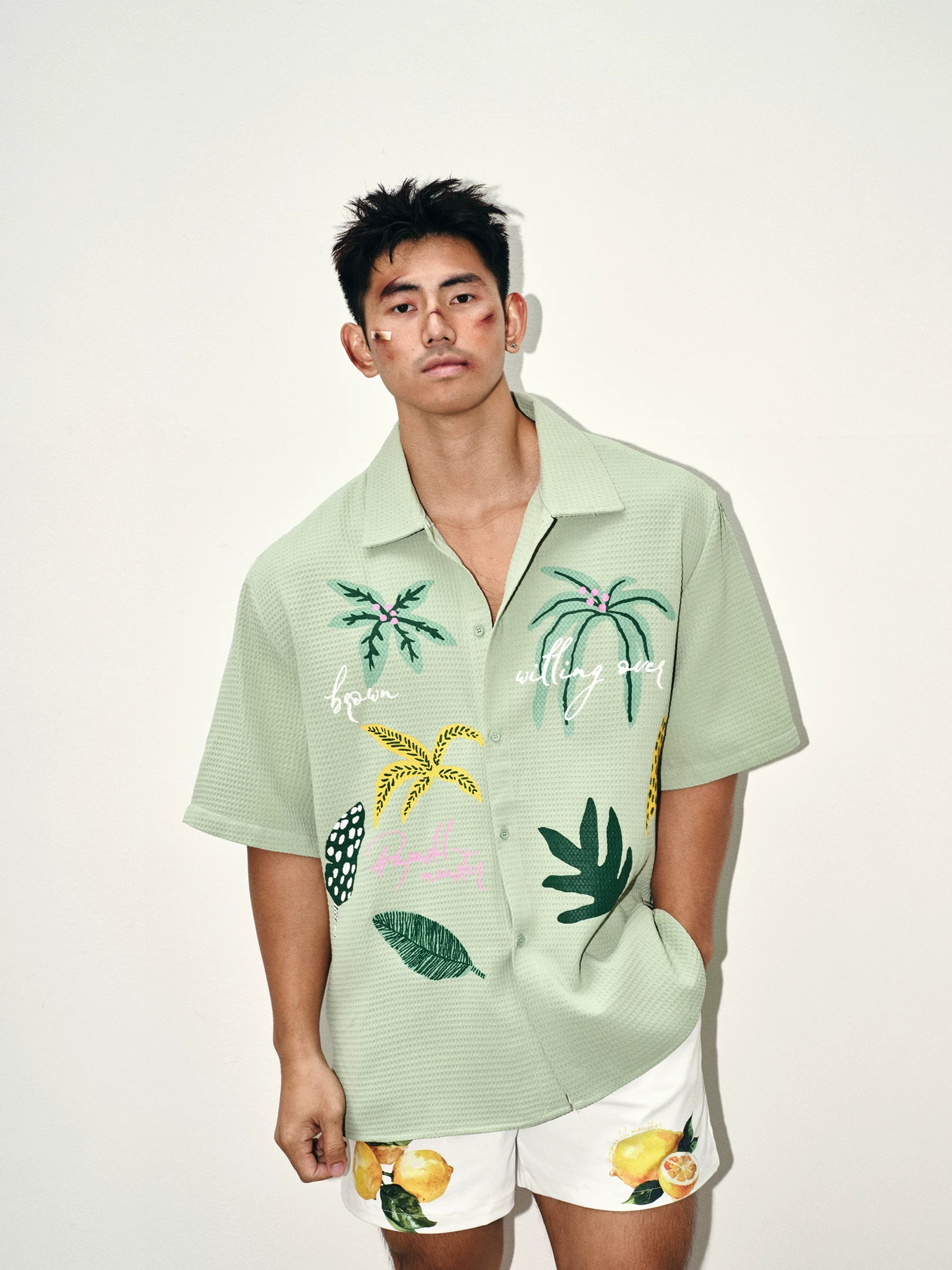 Mint Tropic Waffle Embroidered Camp Shirt
