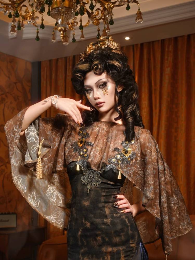 Golden Leaf Lace Shawl - Victorian Gothic Tassel Wrap