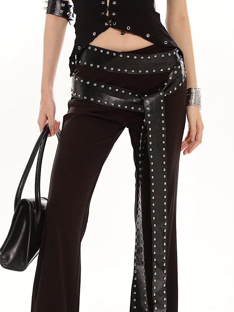 Studded Strap Flared Black Stretch Pants Set - chiclara