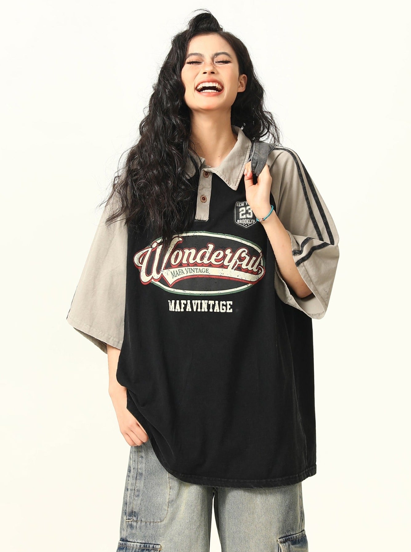 Vintage-Style Oversized Polo T-Shirt