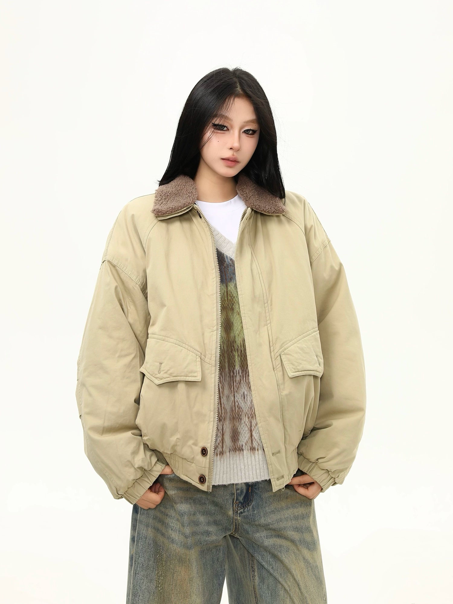 Sand Dune Sherpa-Collar Bomber Jacket