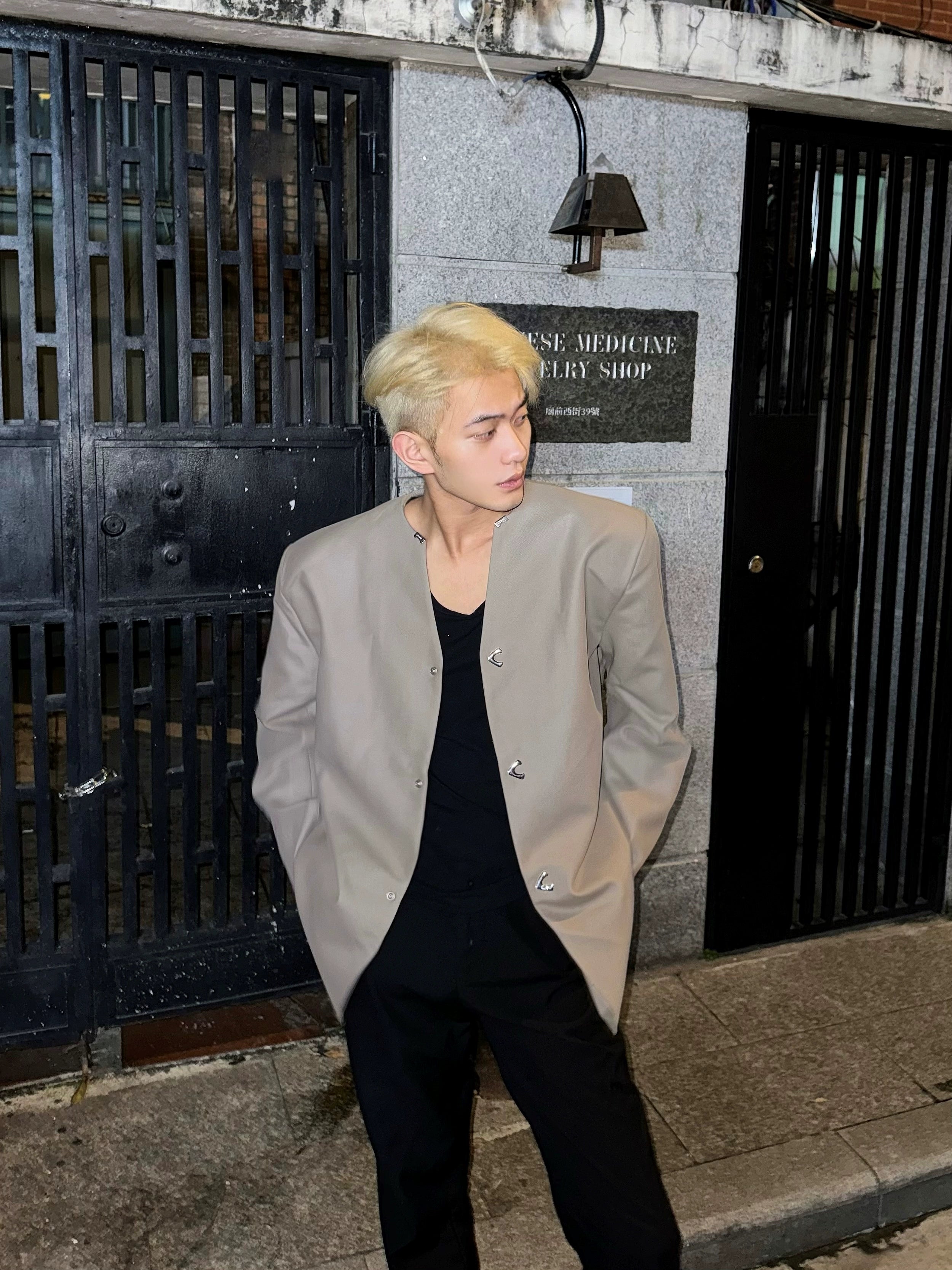Light Beige Collarless Long Coat with Asymmetric Button Fastening