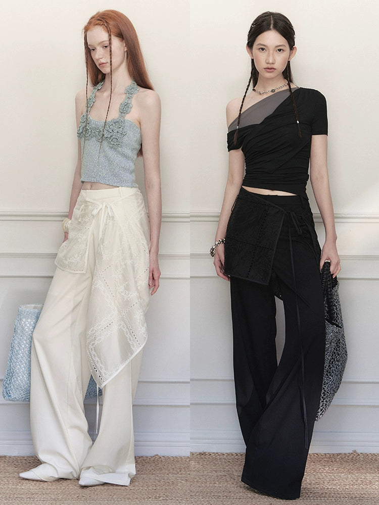 Embroidered Wrap Skirt Wide-Leg Trousers