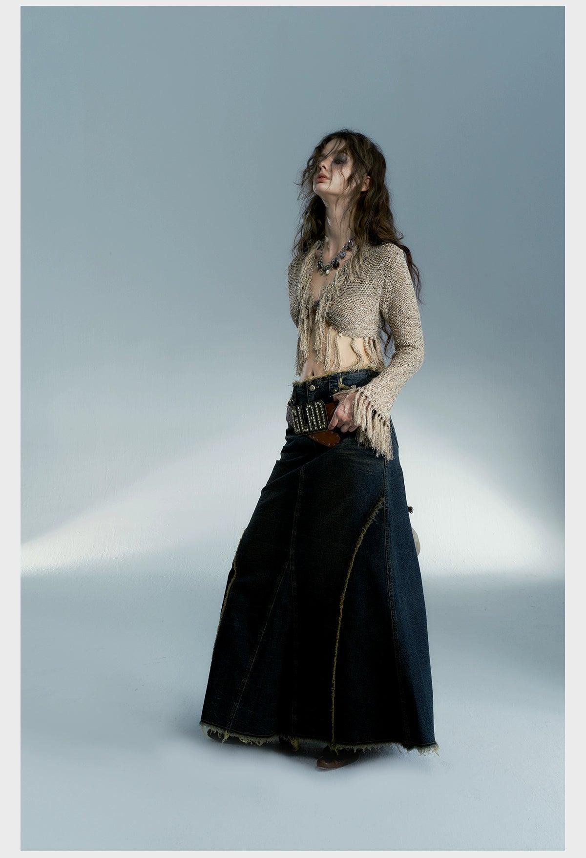 Strike A Pose Women'S Vintage Wash Denim Maxi Skirt - High-Waisted A-Line Jean Skirt With Frayed Seams And Front Slit