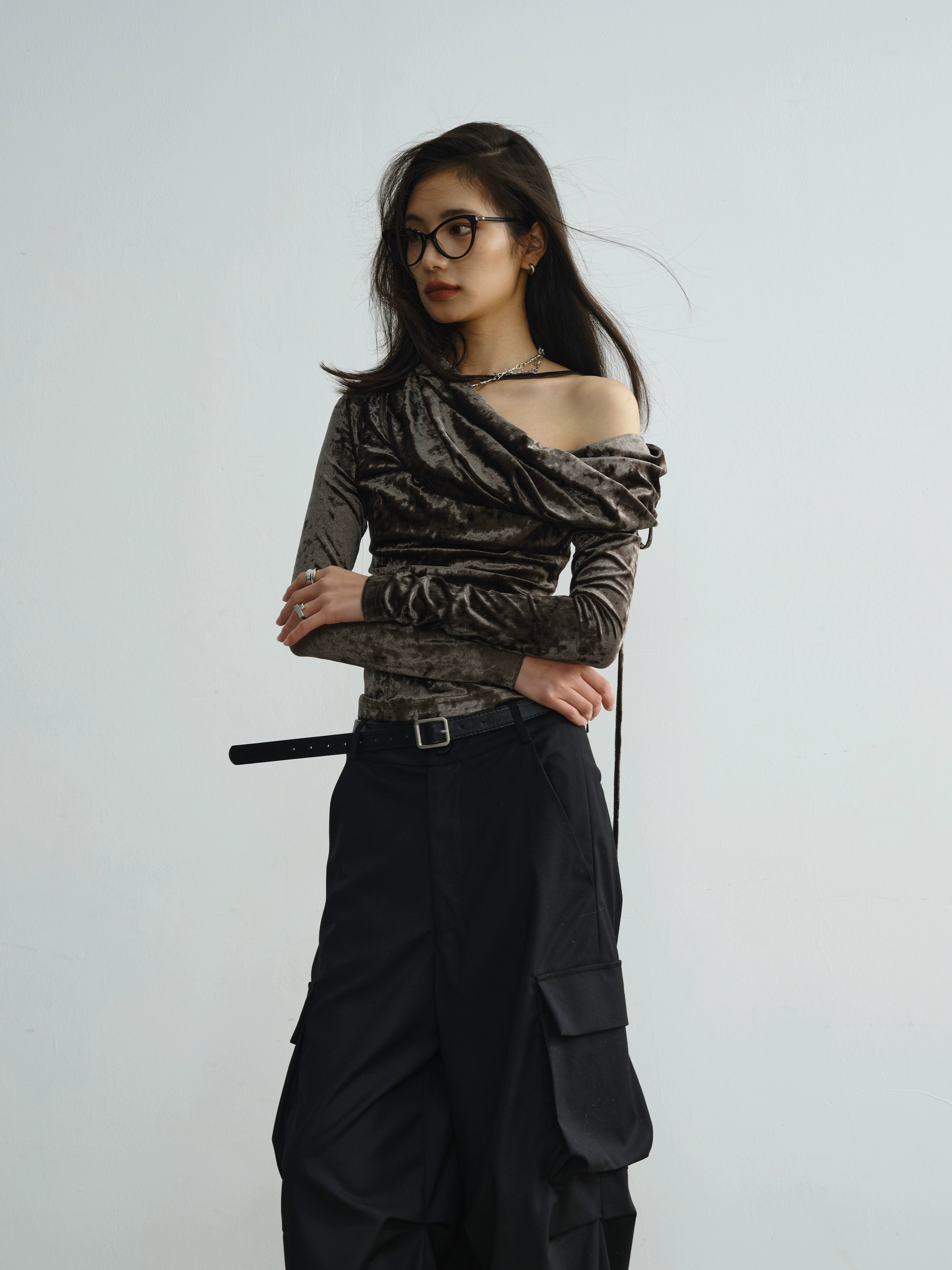 Velvet Asymmetrical Off Shoulder Top