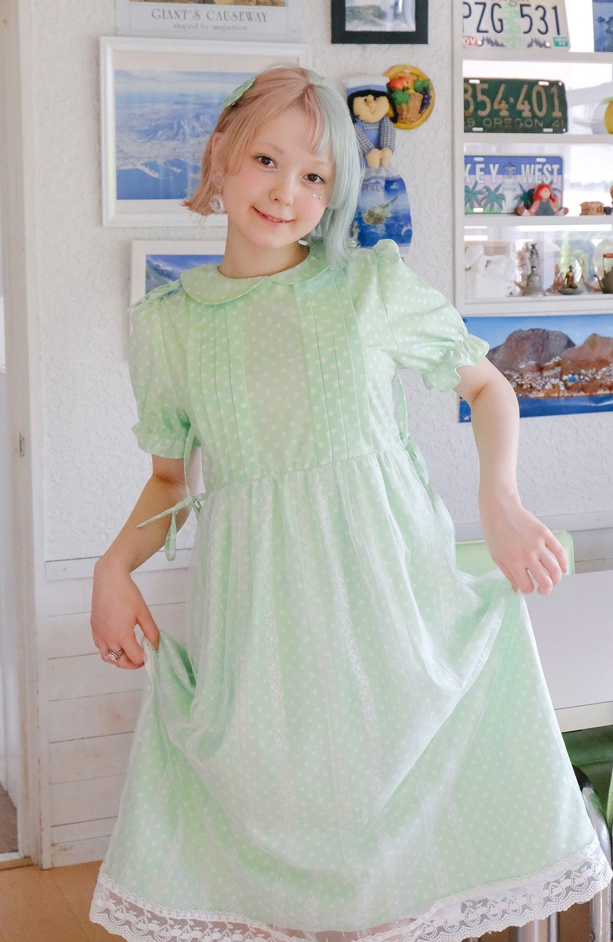 Frufru Mint Green Puff Sleeve Dress - Girls' Summer Lace-Trim Cotton Nightgown