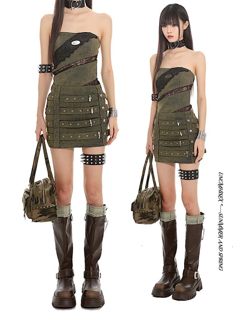 Khaki Lace Bodycon Dress with Studded Belt Detail - chiclara