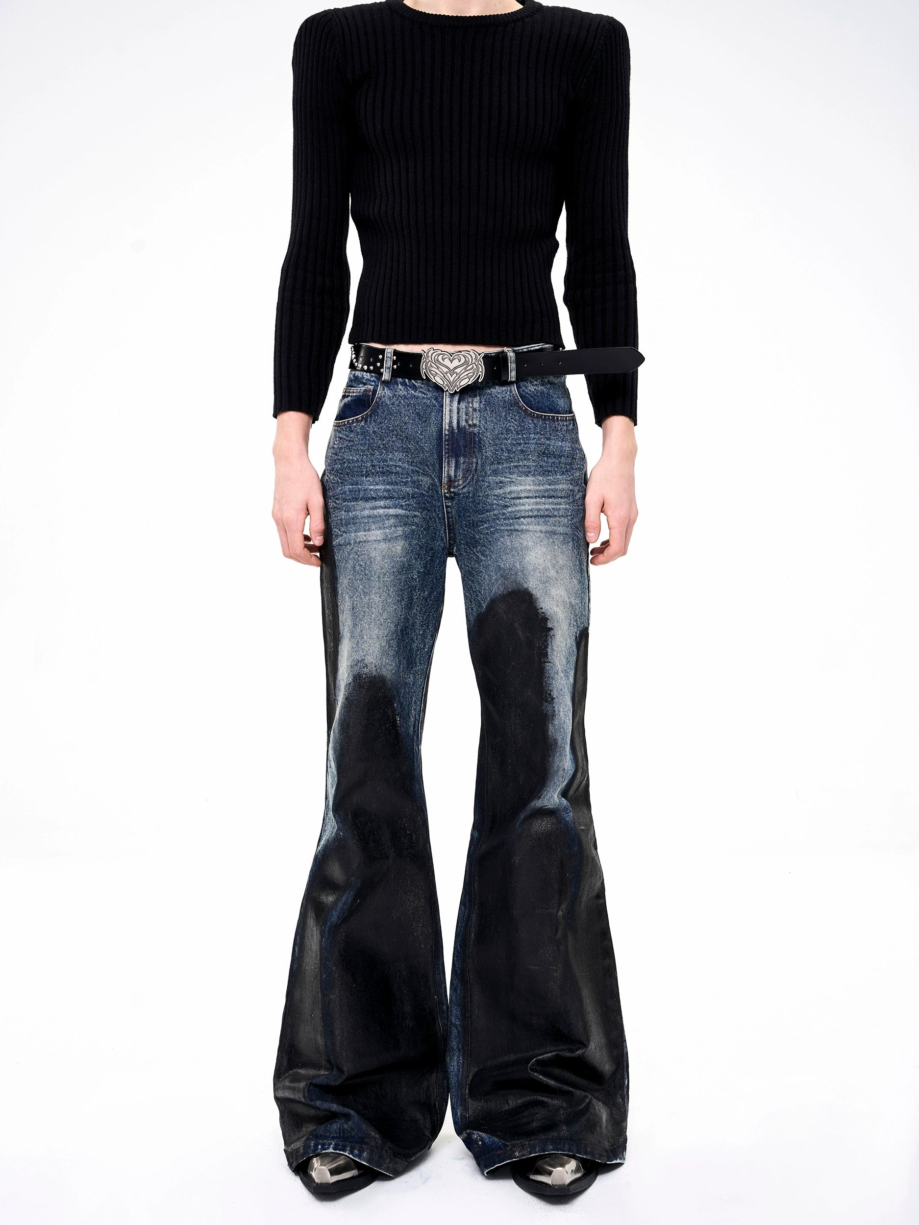 Two-Tone Flared Distressed Jeans