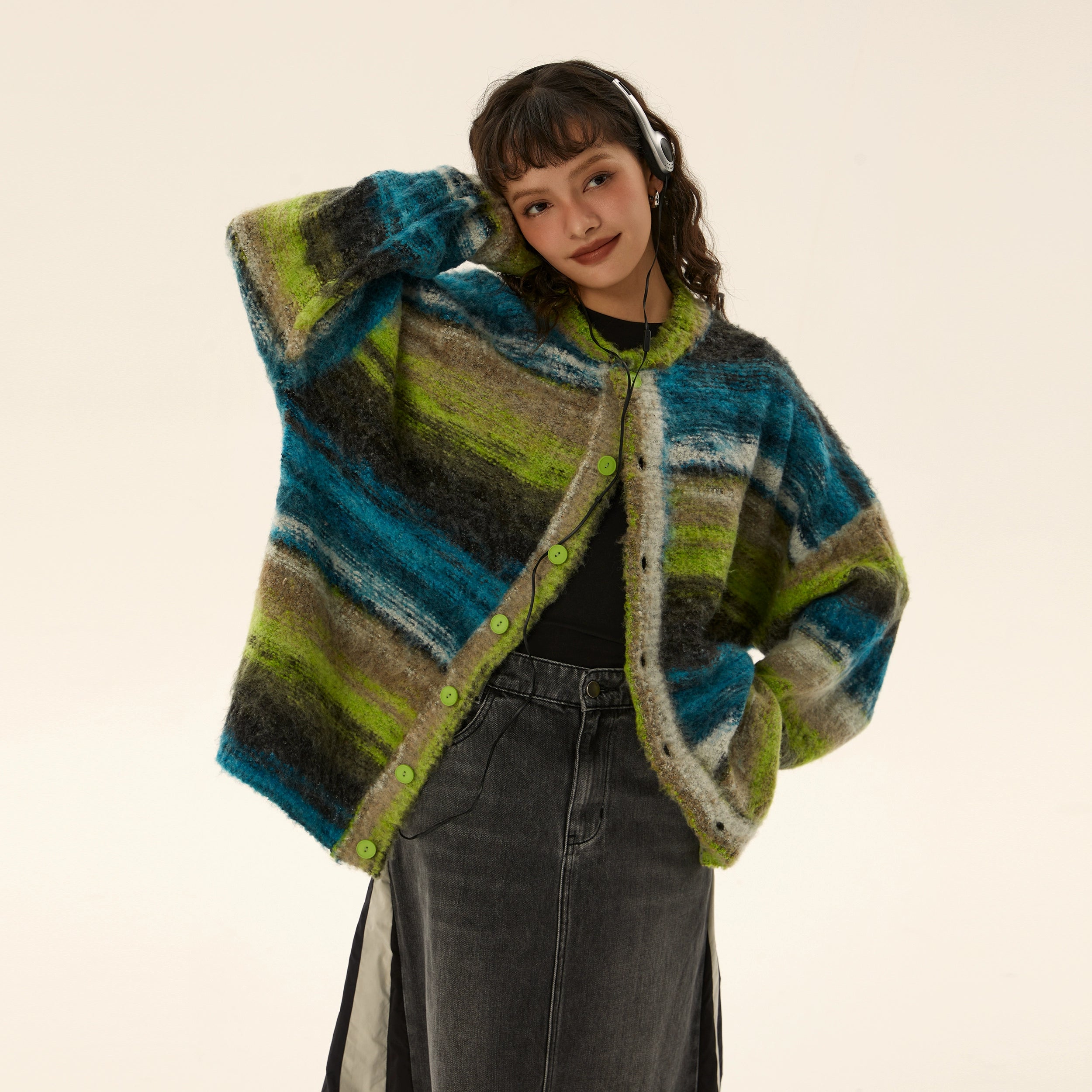 Oversized Fuzzy Striped Button-Up Cardigan