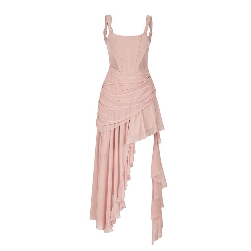 Strike A Pose Asymmetrical Ruched Evening Gown - Women'S Sleeveless Square Neck Dress With Dramatic Cascading Ruffles