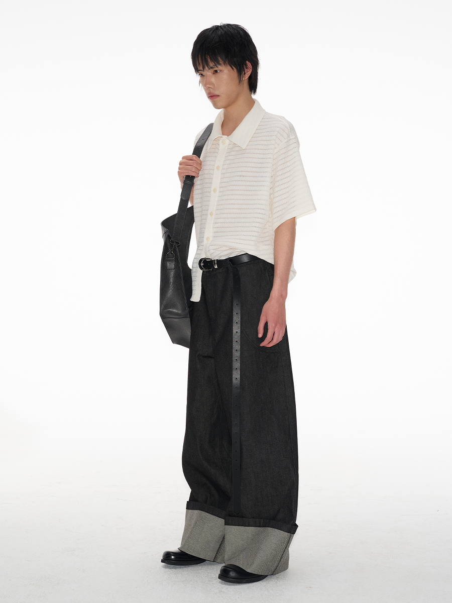 Cuffed Wide-Leg Denim Trousers with Contrast Turn-Up Hem