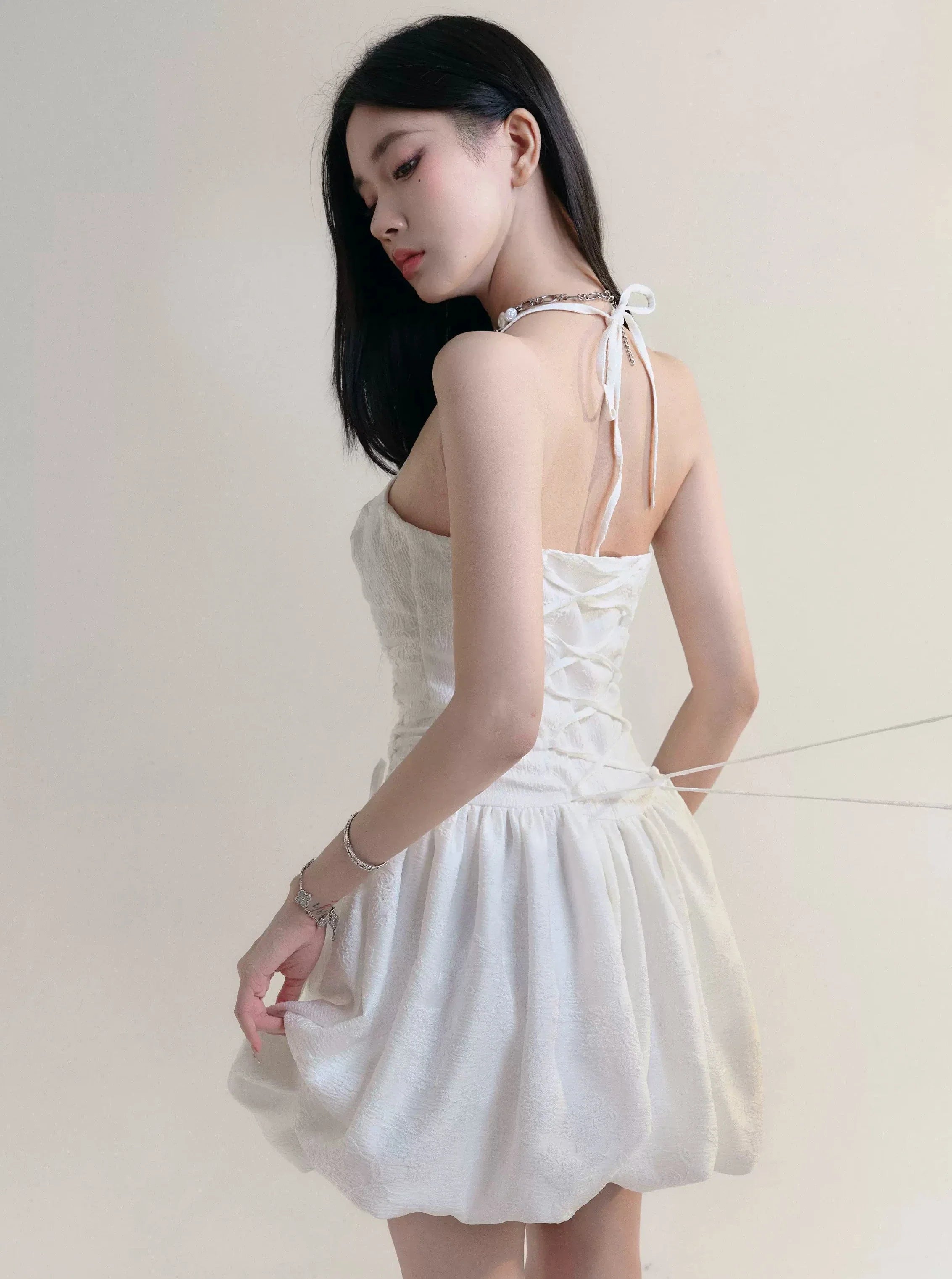 Angelic White Halter Mini Sundress with Ruched Bodice