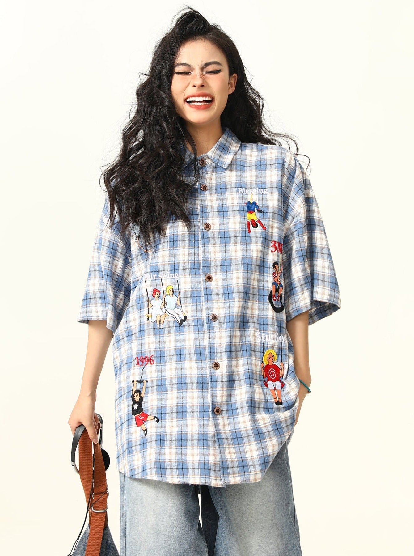 Playful Cartoon Oversized Plaid Button-Up Shirt