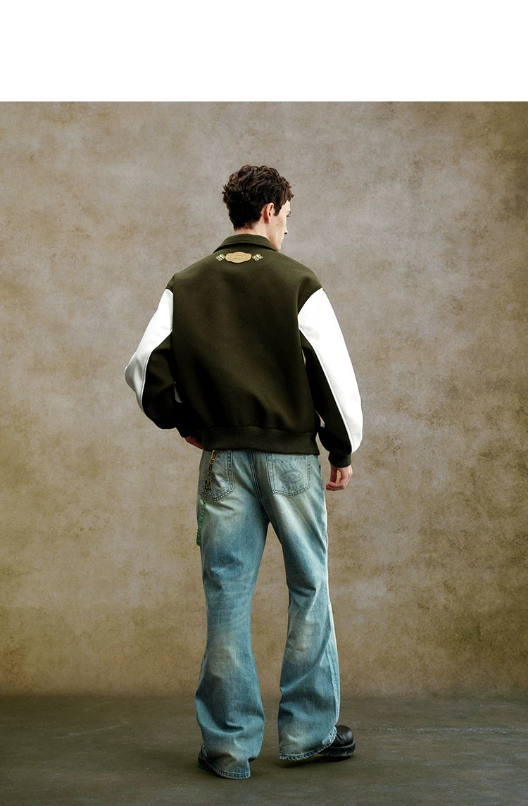 Embroidered Contrast Sleeve Varsity Jacket