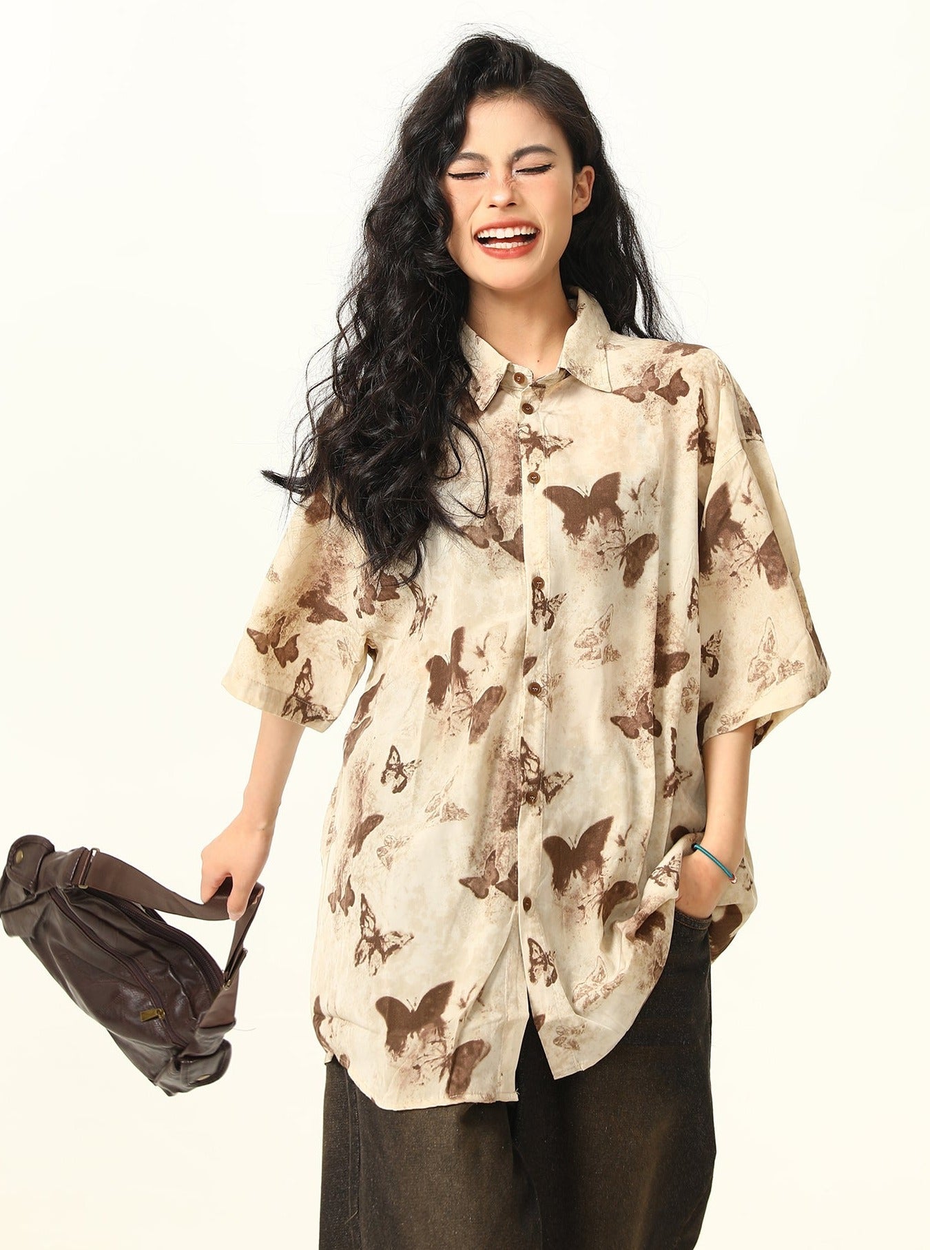 Butterfly Print Pattern Oversized Button-Down Shirt