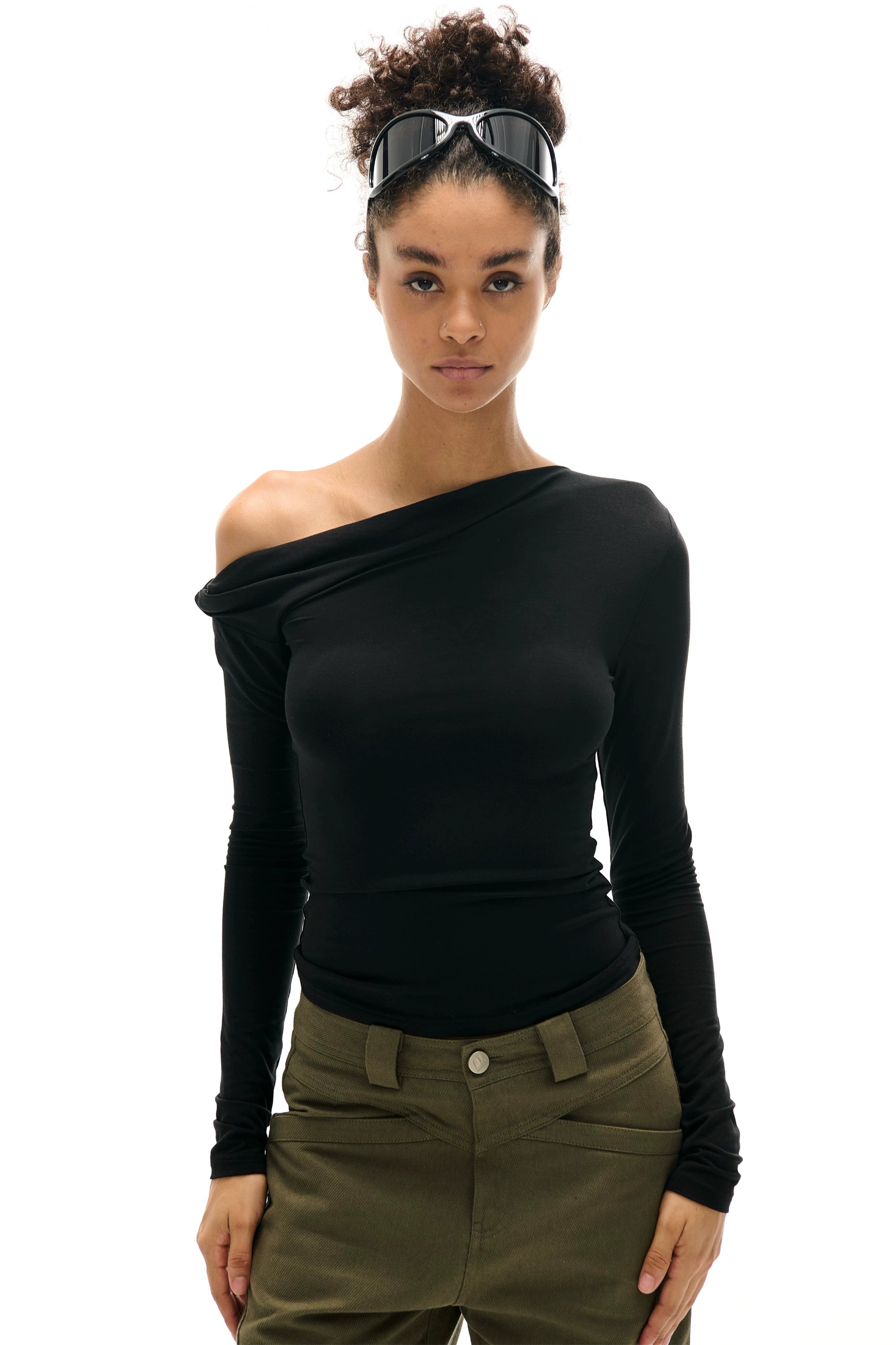 Asymmetrical Neckline Ruched Long Sleeve