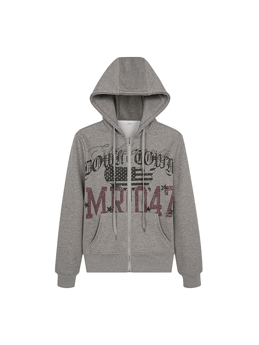 Men's Distressed Letter-Print Fleece-Lined Zip-Up Hoodie