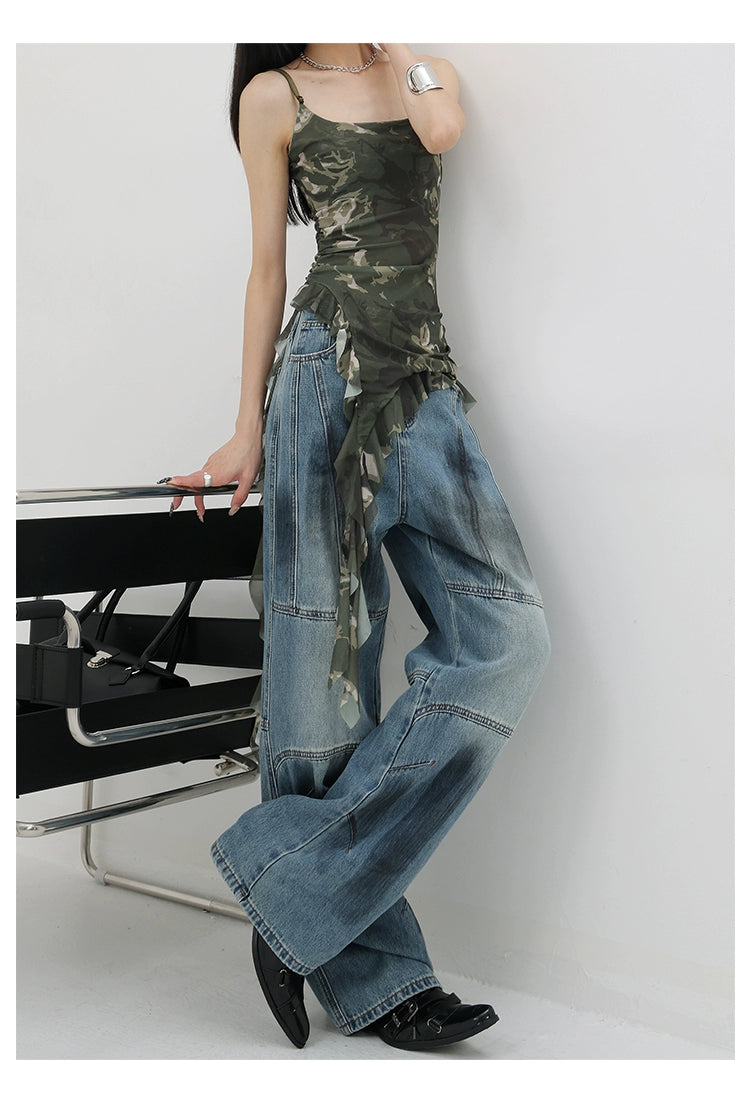 Vintage Distressed And Dirt-Dyed Patchwork Wide-Leg Jeans - chiclara