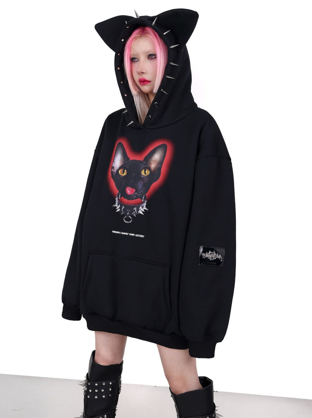 PINKSPINK Spiked Cat-Ear Hoodie - Black with Gothic Cat Print