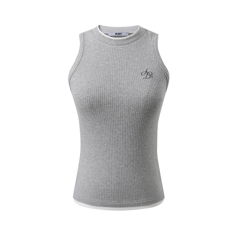 Ribbed Sleeveless Tank Top: Fitted Crew Neck with Embroidered Logo