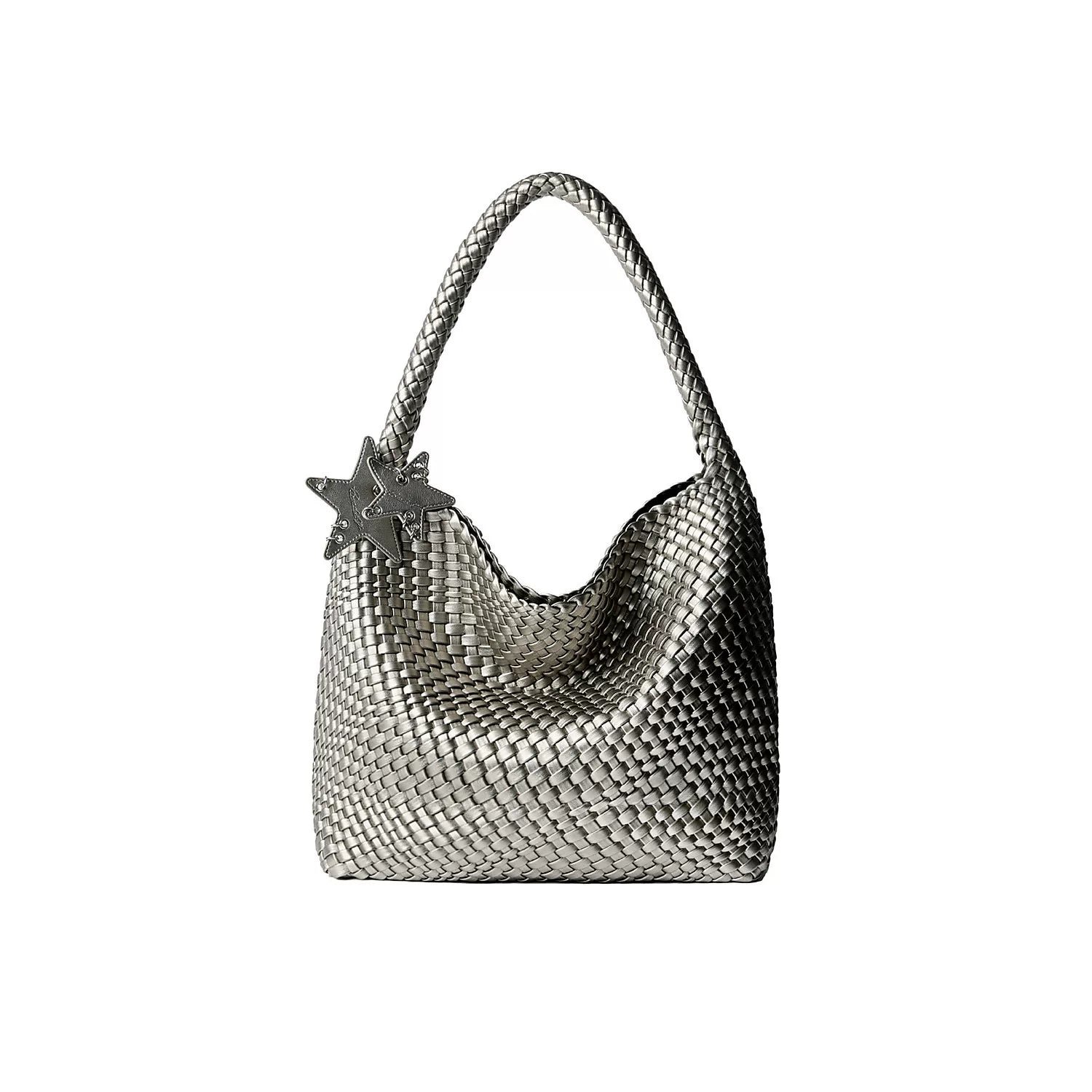 Metallic Braided Star Hobo Tote - Silver / Large