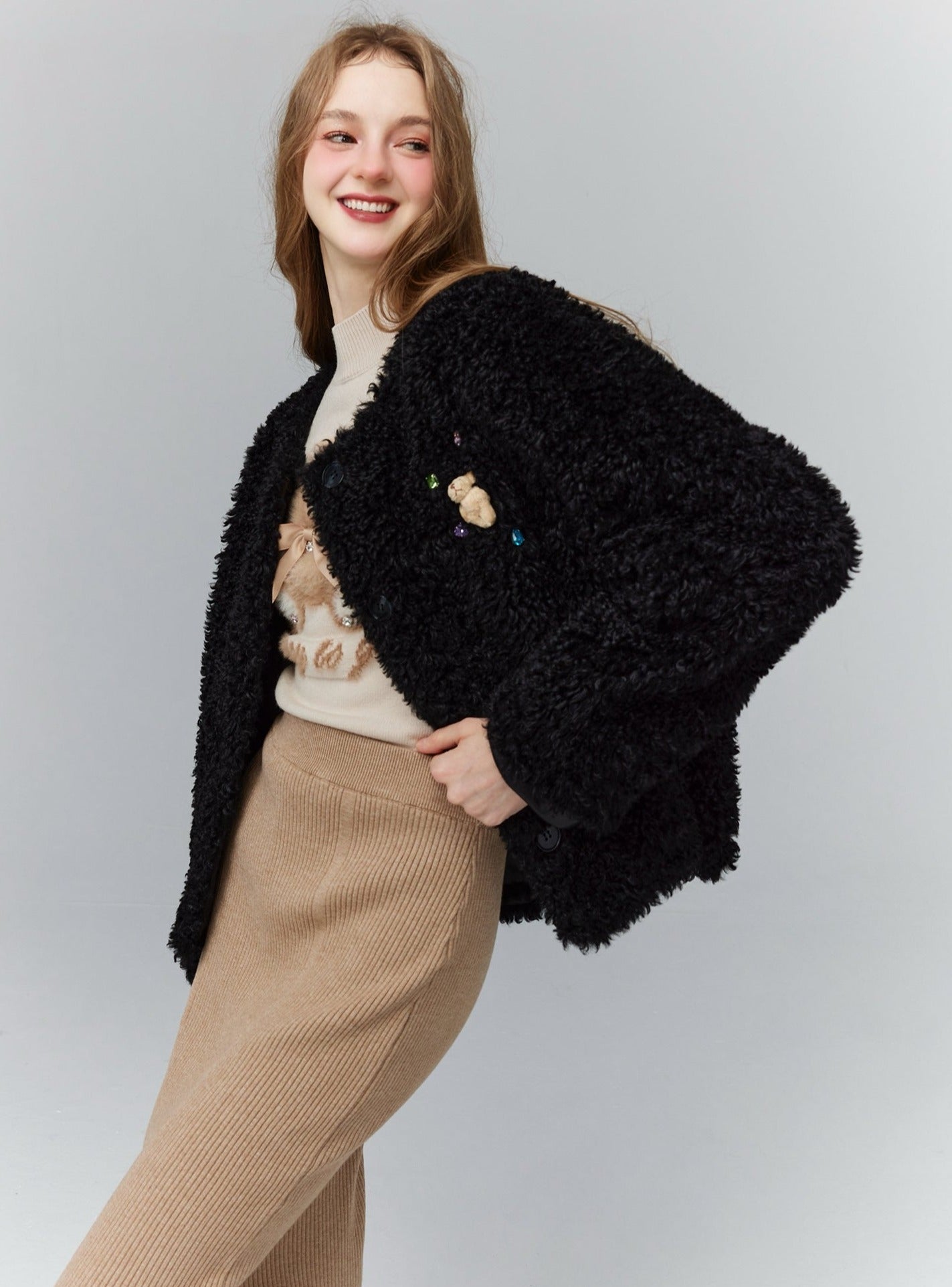 Cozy Teddy Bear Cardigan: Plush Textured Cropped Jacket with Charming Embroidered Details