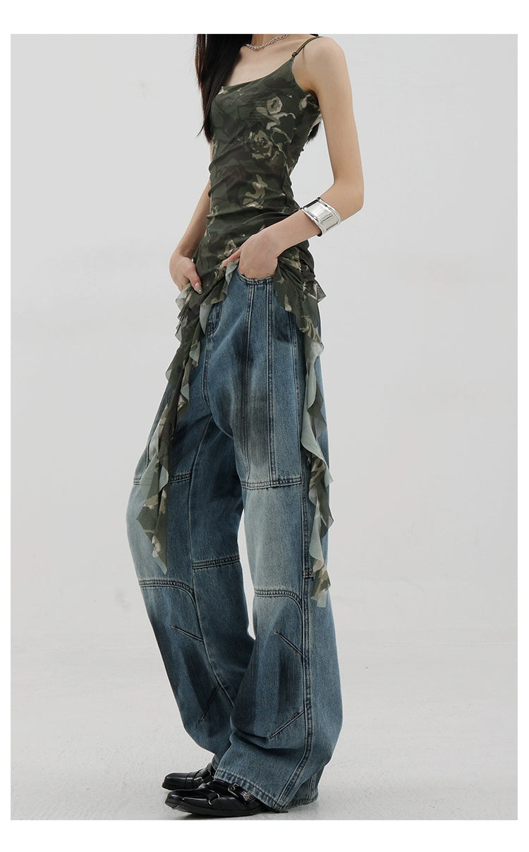 Vintage Distressed And Dirt-Dyed Patchwork Wide-Leg Jeans - chiclara