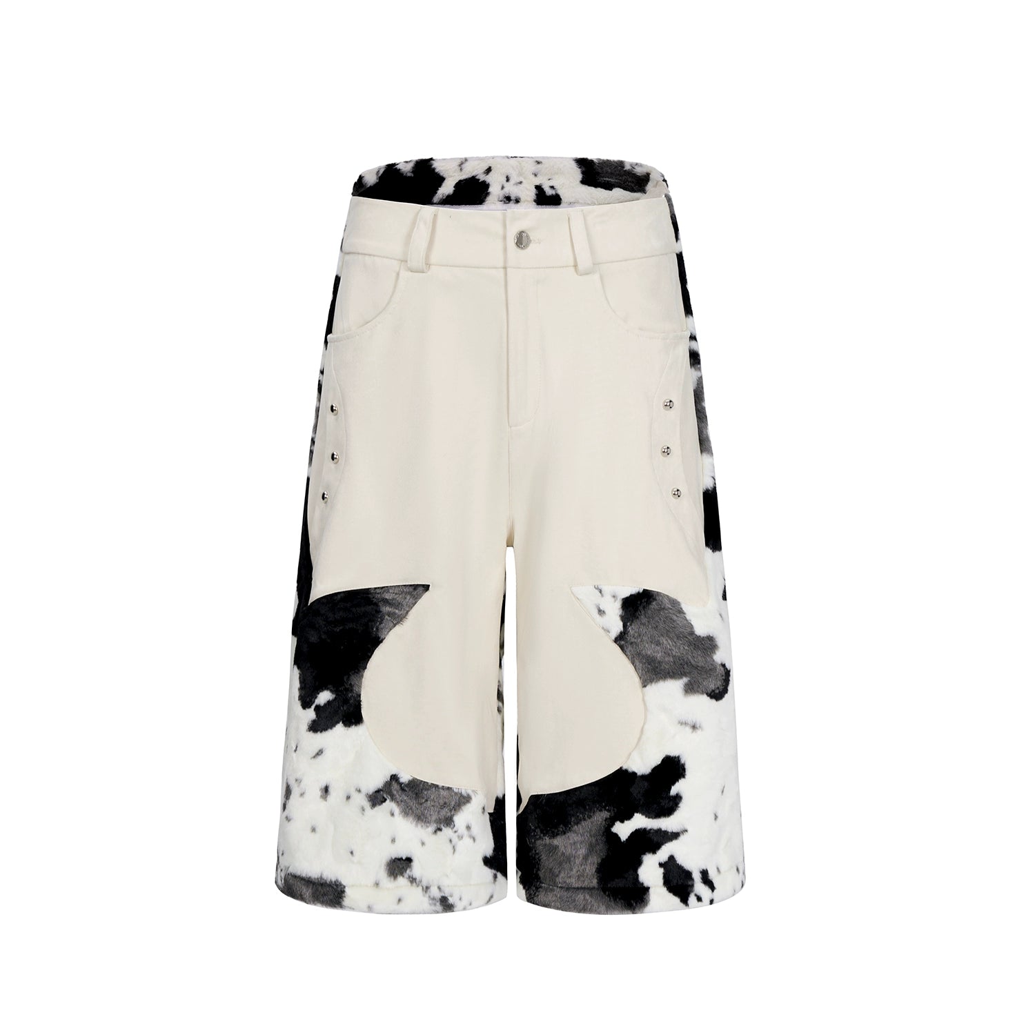 Cow Print Faux Fur Patch Shorts