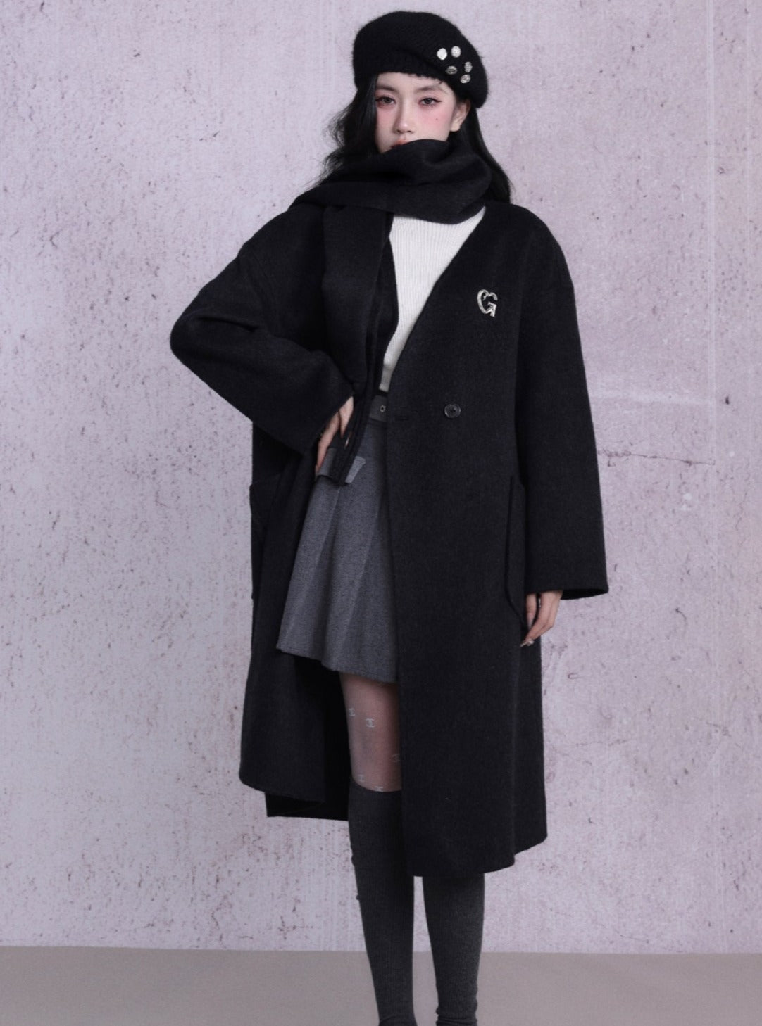 Luxe Double-Breasted Wool Coat Set: Oversized Longline Jacket with Matching Fringed Scarf