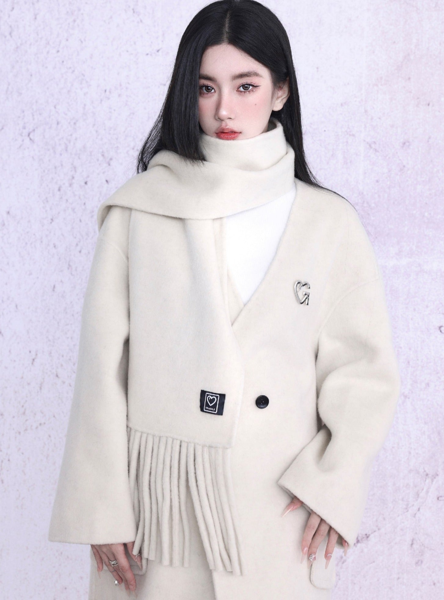 Luxe Double-Breasted Wool Coat Set: Oversized Longline Jacket with Matching Fringed Scarf