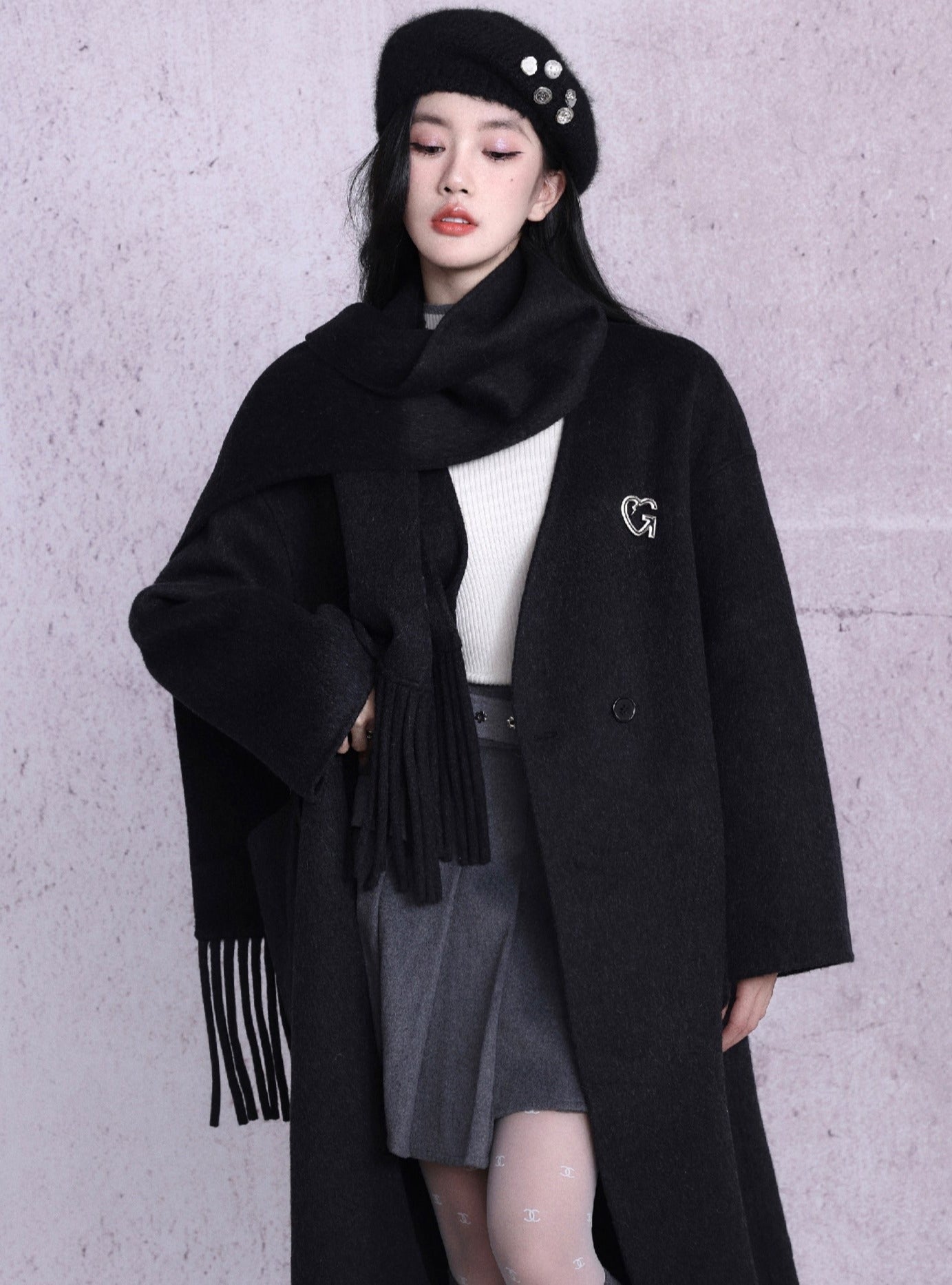 Luxe Double-Breasted Wool Coat Set: Oversized Longline Jacket with Matching Fringed Scarf