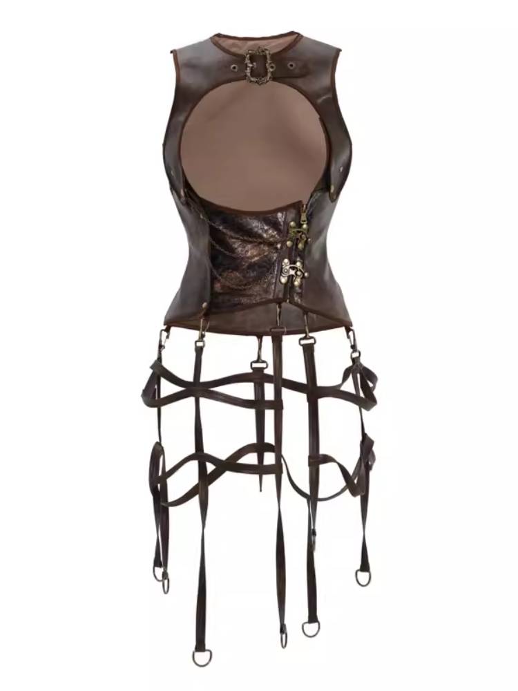 Steampunk Leather Corset with Buckle Straps and Garter Attachments