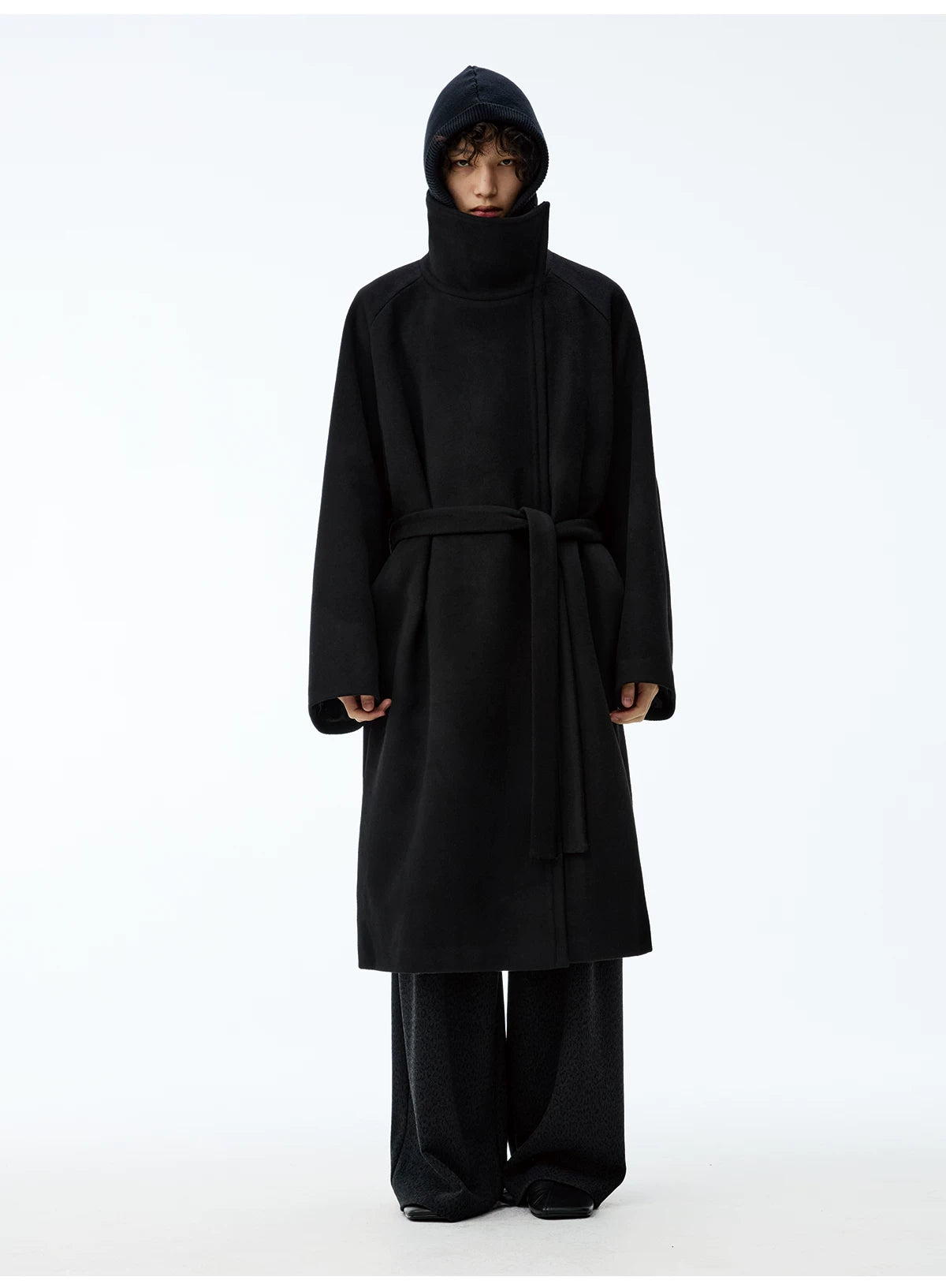 Black Funnel-Neck Belted Wool Coat