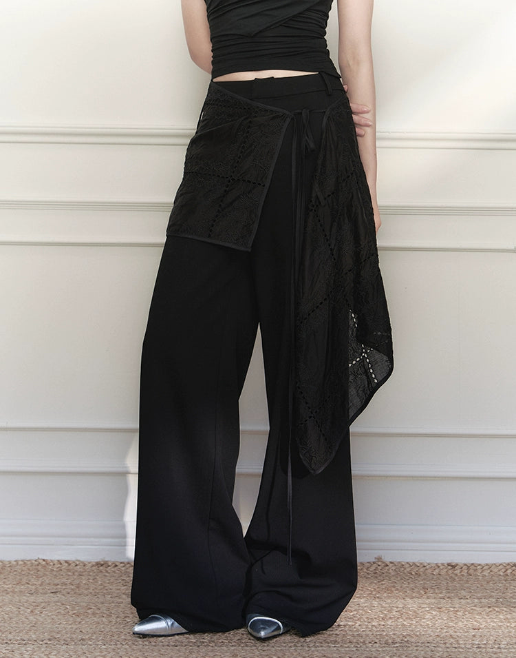 Embroidered Wrap Skirt Wide-Leg Trousers