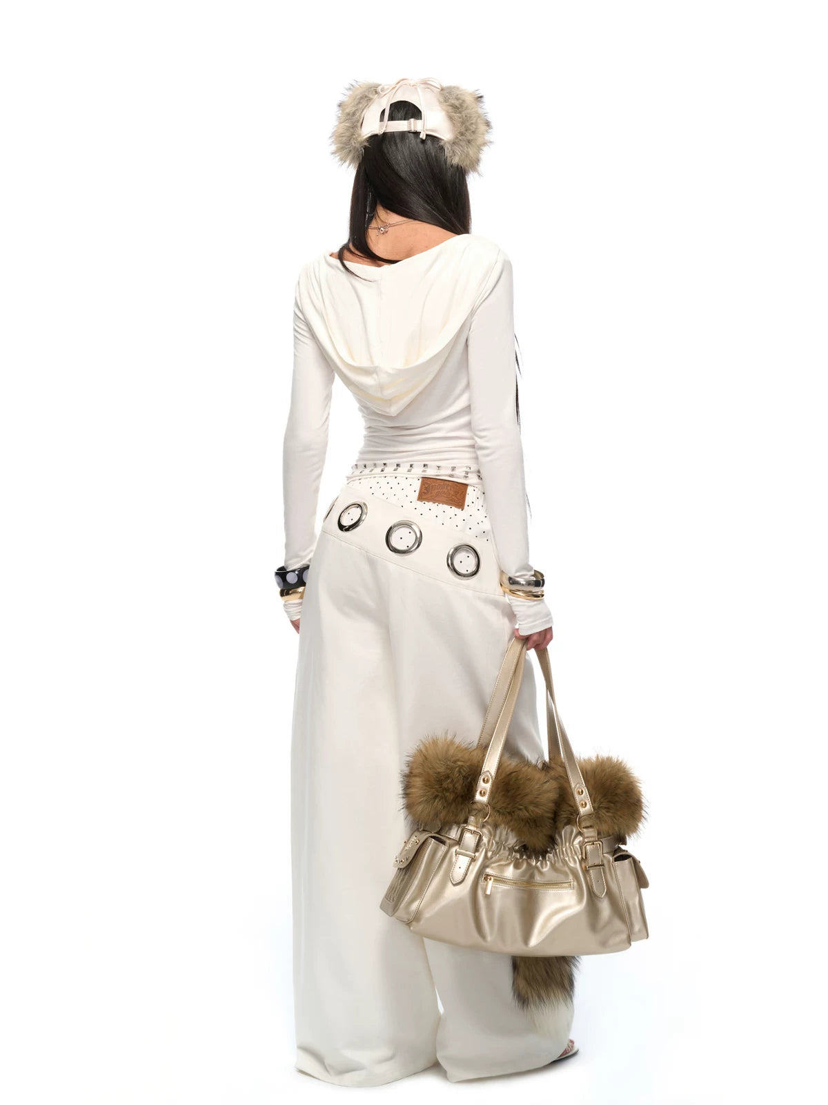 Golden Purr Luxe Faux‑Fur Charm Tote
