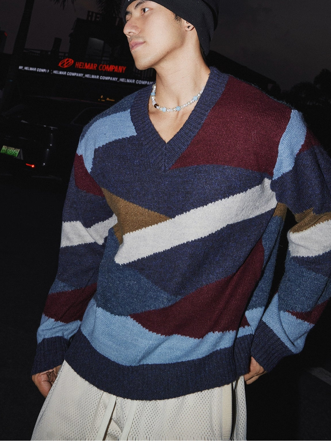 Retro Geo Stripe V-Neck Sweater