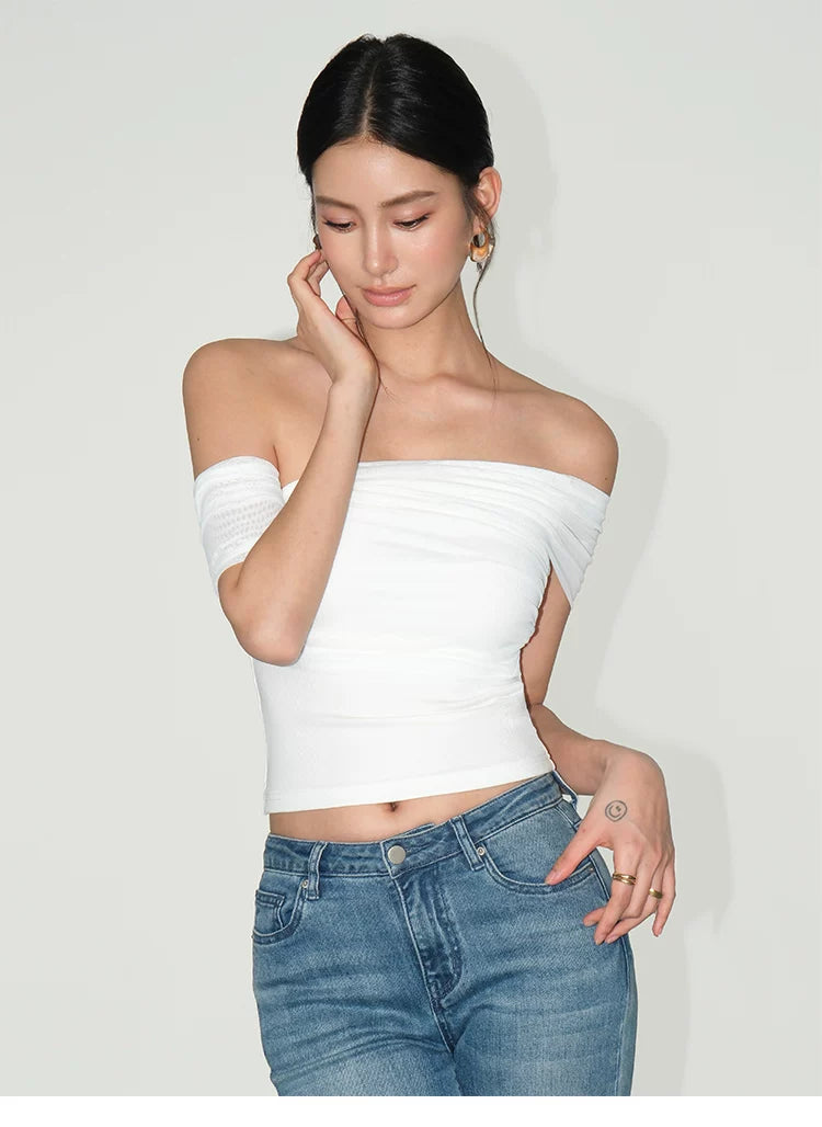 Asymmetric Off Shoulder Ruched Tube Top