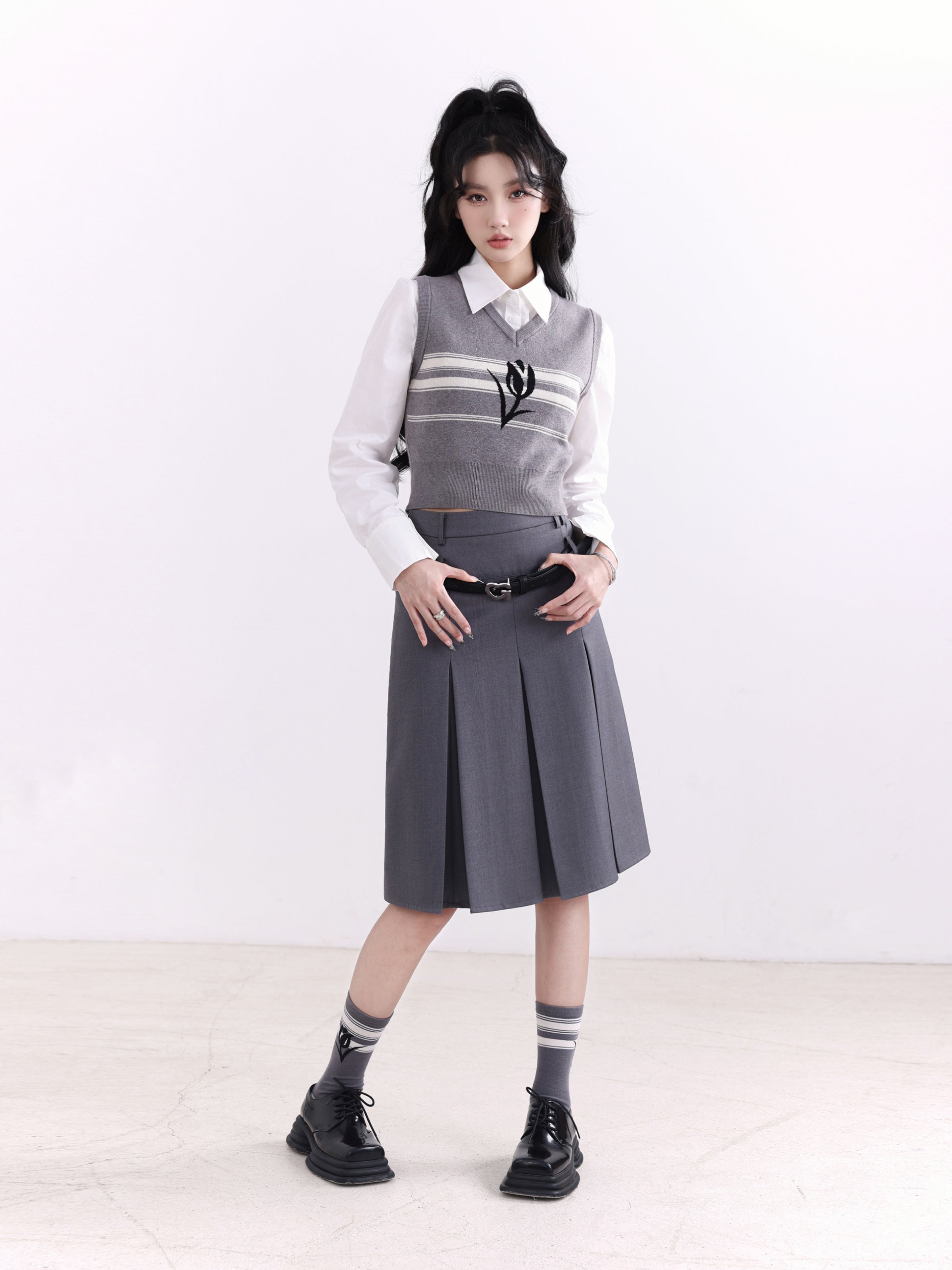 Preppy Academia Three-Piece Ensemble: Cropped Shirt, Floral Vest, and Pleated Skirt