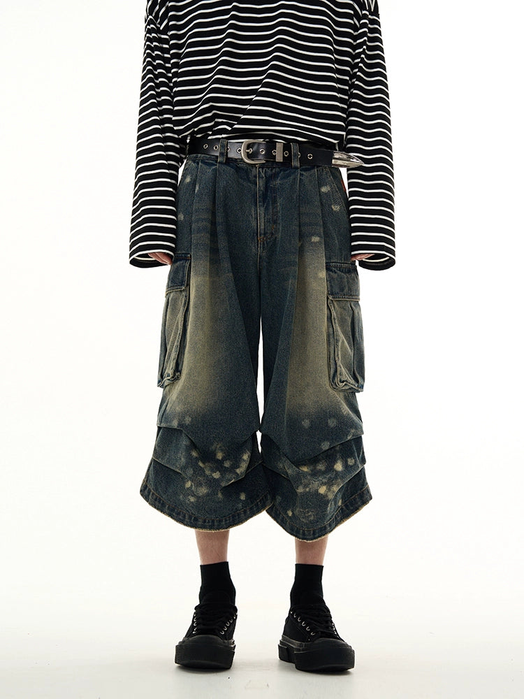 Bleached Wide-Leg Denim Cargo Shorts