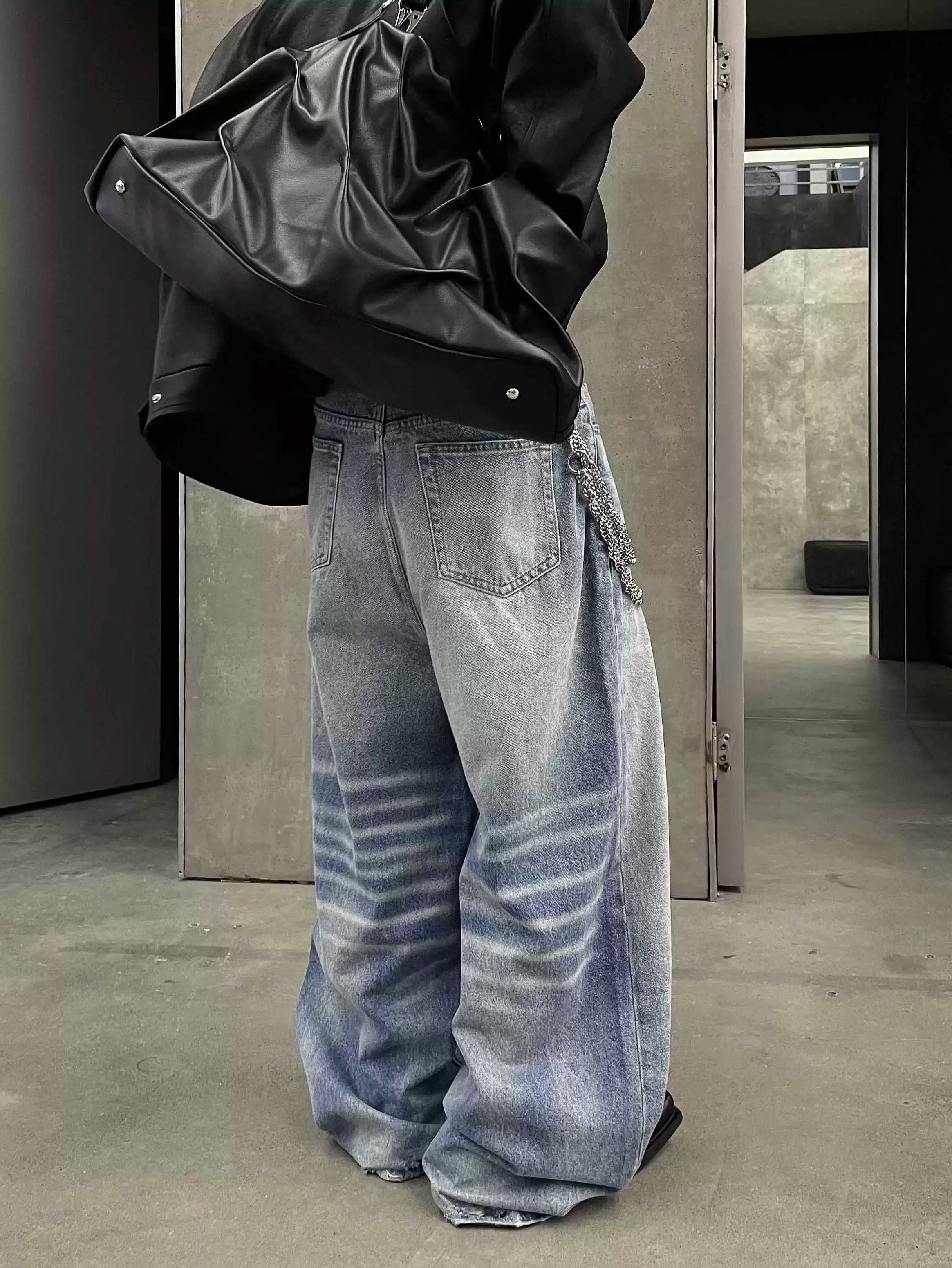 Button Fly Baggy Washed Jeans