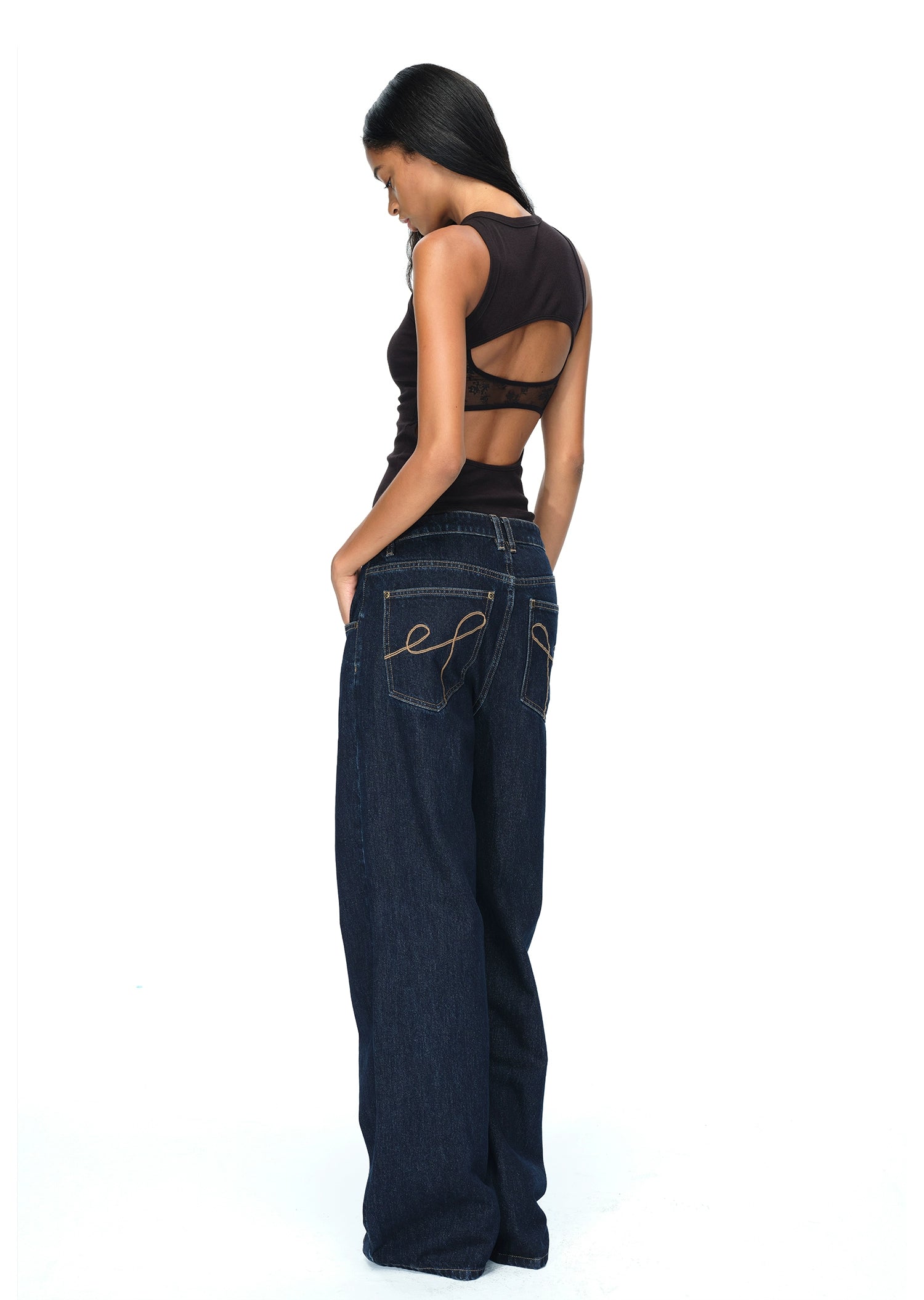 Dark Blue Raw Denim Wide-Leg Jeans