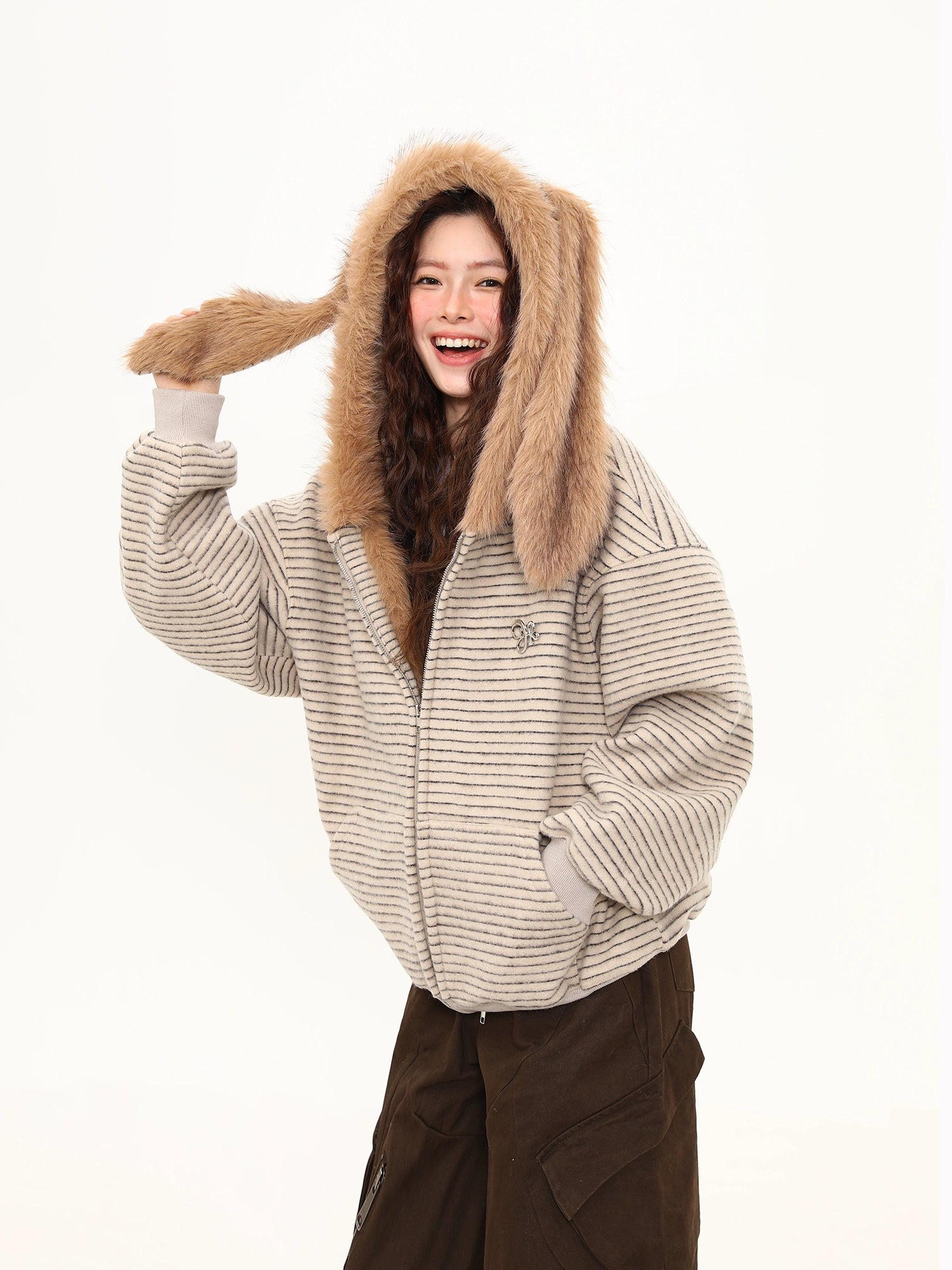Fluffy Bunny Ear Stripe Hoodie