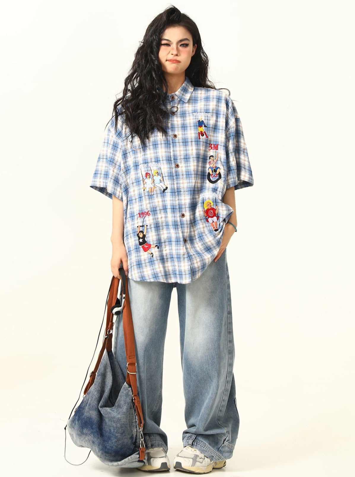 Playful Cartoon Oversized Plaid Button-Up Shirt