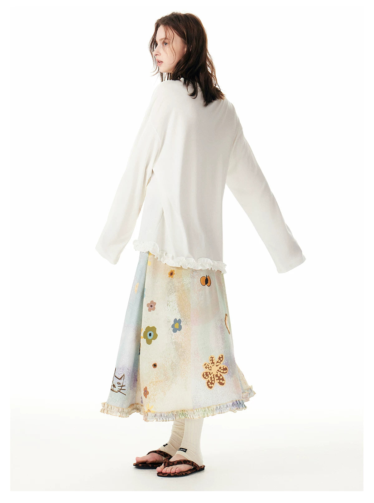 Pastel Meadow Kitty Garden Maxi Skirt