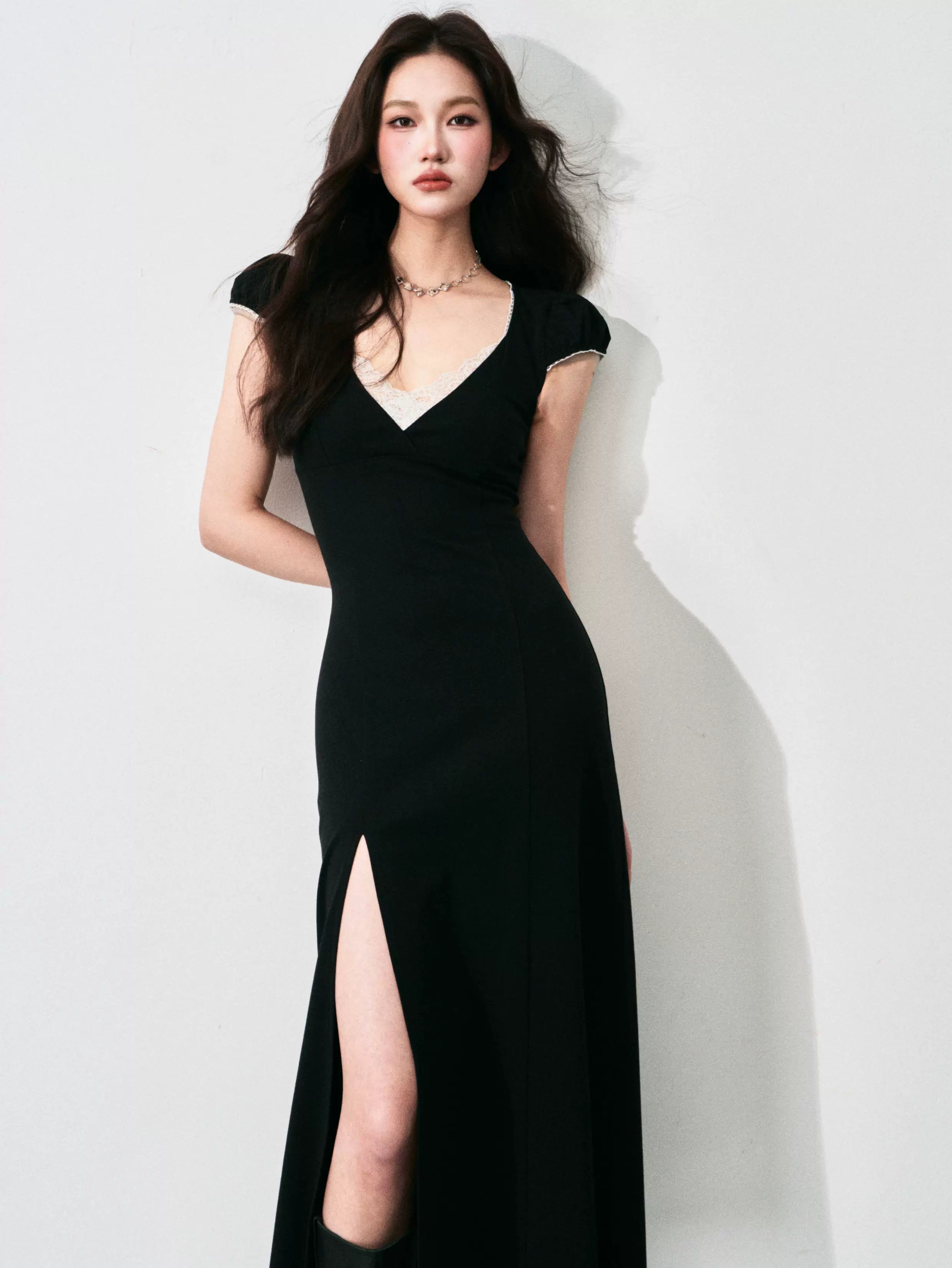 Noir Muse Lace‑Slit Dress