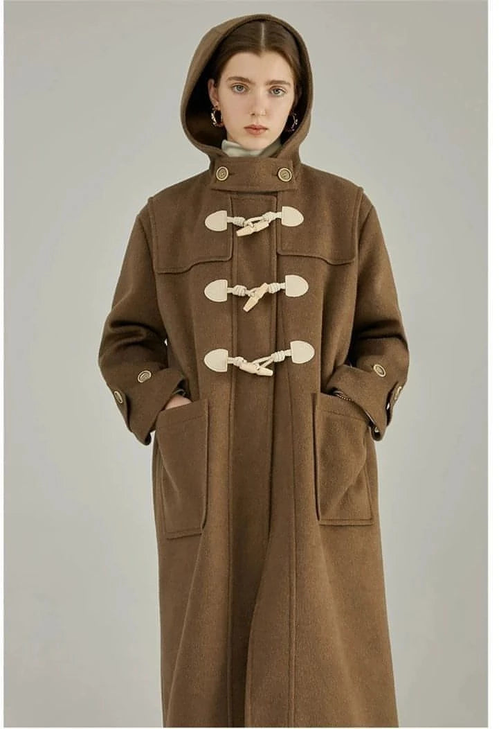 Winter Thicken College Style Hooded Mid-Length Melton Wool Coat