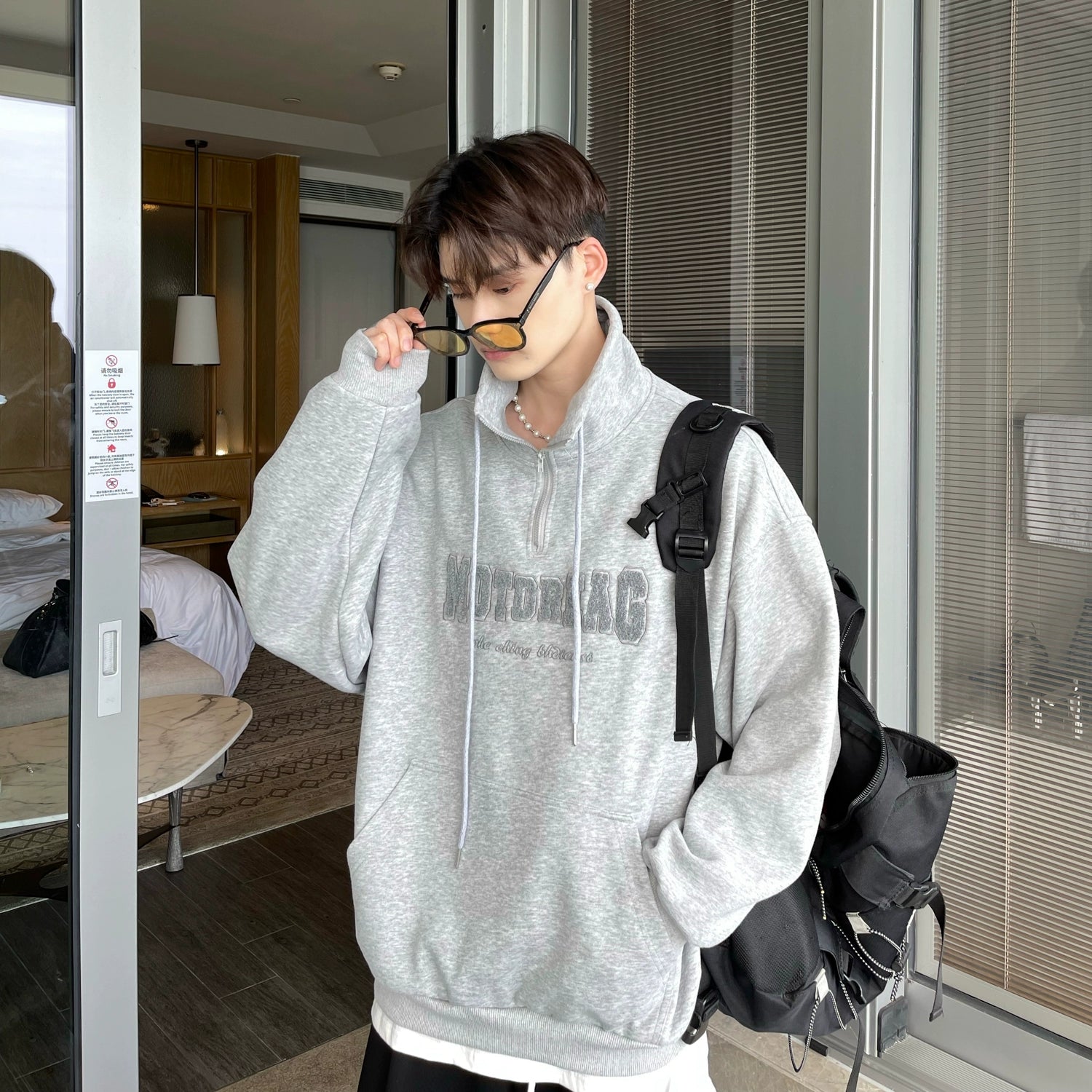Quarter-Zip Mock Neck Sweatshirt with Embroidered Text
