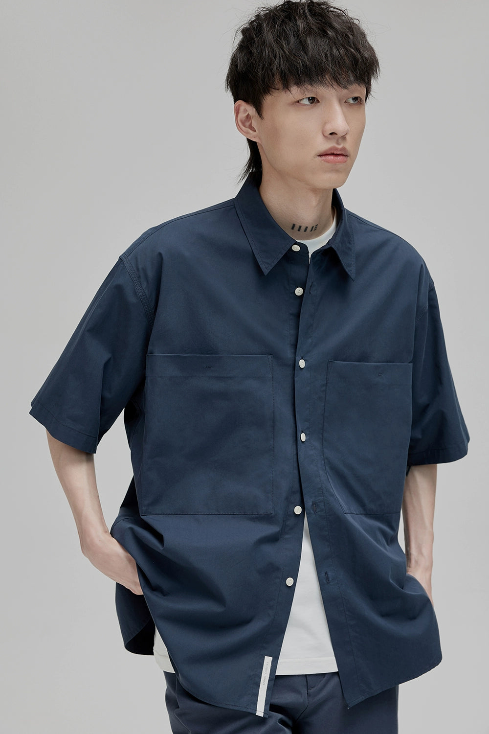 Square Collar Patch Pocket Short Sleeve Shirt