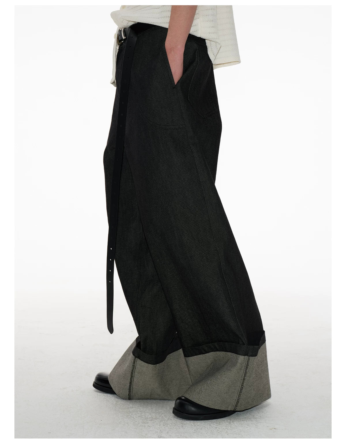 Cuffed Wide-Leg Denim Trousers with Contrast Turn-Up Hem