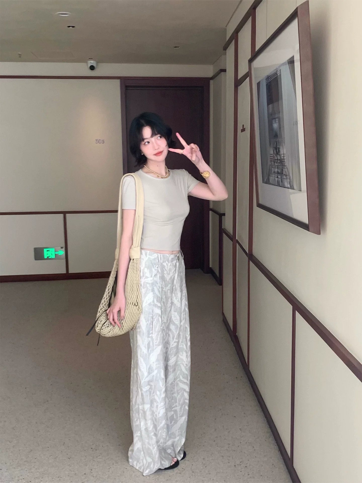 Gray Leaf Print Wide Leg Pants